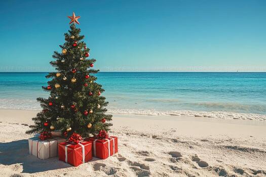 Christmas tree with gifts underneath on a beach